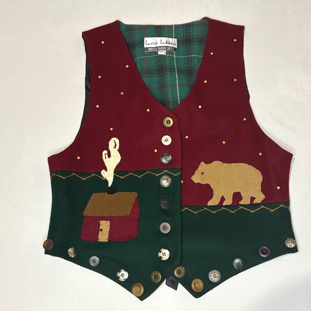 Vtg 90's Lucia Lukken Folk Art Vest Womens Medium Wool Cabin‎ Rustic Americana